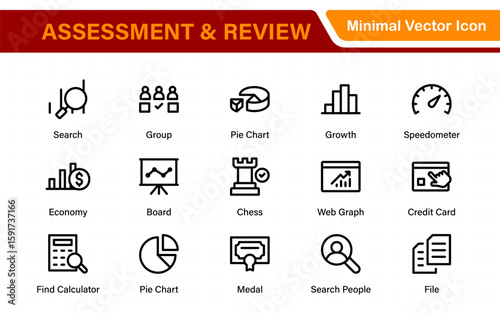 Assessment and review icon pack. Includes rating stars, surveys, feedback forms, and assessment tools.