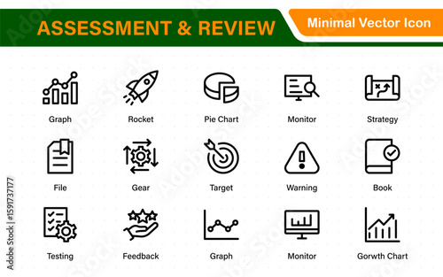 Assessment and review icon pack. Includes rating stars, surveys, feedback forms, and assessment tools.