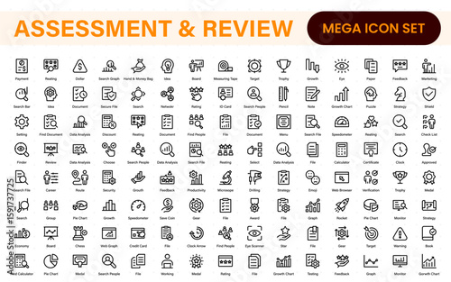 Assessment and review icon pack. Includes rating stars, surveys, feedback forms, and assessment tools.