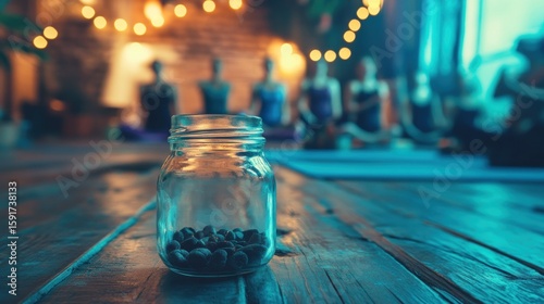 Glass Jar with Seeds, Yoga Class in Background, Moody Lighting.