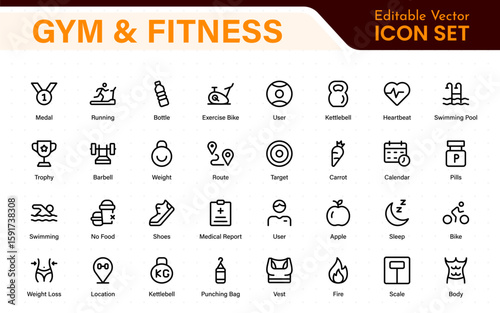 Gym and fitness icons set. Fitness exercise, football, gym, diet, jogging, weight, and more line icon.
