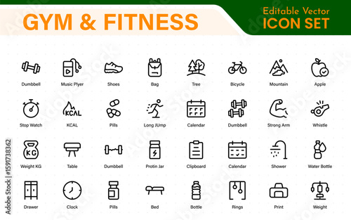 Gym and fitness icons set. Fitness exercise, football, gym, diet, jogging, weight, and more line icon.