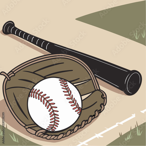 Baseball dans une mitaine avec une batte noire à faible angle vue de mise au point sélective sur un terrain de baseball