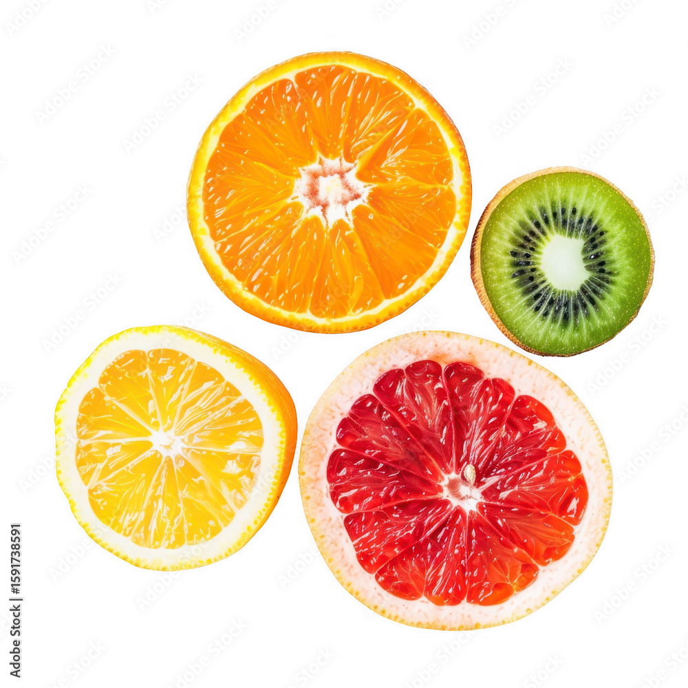 Four citrus fruit slices, orange, lemon, grapefruit, and kiwi, arranged in a circular pattern Four citrus fruit slices, orange, lemon, grapefruit, and kiwi, arranged in a circular pattern