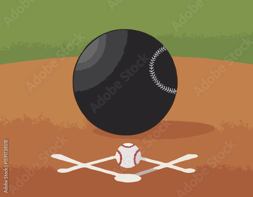 Baseball dans une mitaine avec une batte noire à faible angle vue de mise au point sélective sur un terrain de baseball
