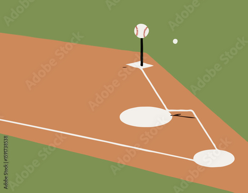 Baseball dans une mitaine avec une batte noire à faible angle vue de mise au point sélective sur un terrain de baseball