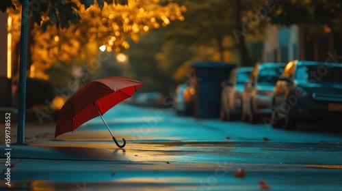 Red Umbrella on Wet Sidewalk: Rainy Cityscape with Golden Light