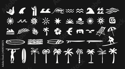 Surf and beach icon vector set with tropical elements like palm trees, waves, surfboards, and sun. Perfect for summer designs, t-shirts, posters, stickers, and coastal branding.