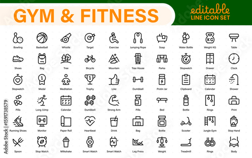 Gym and fitness icons set. Fitness exercise, football, gym, diet, jogging, weight, and more line icon.
