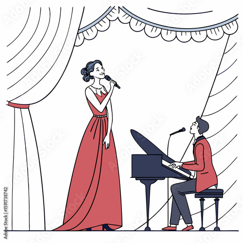 Beautiful woman opera singer in long red dress and musician pianist at piano on scene vector flat illustration, premiere