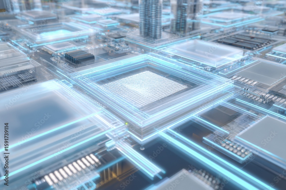 Fototapeta premium Highly detailed futuristic digital cityscape with illuminated interconnected circuit pathways and advanced technology infrastructure