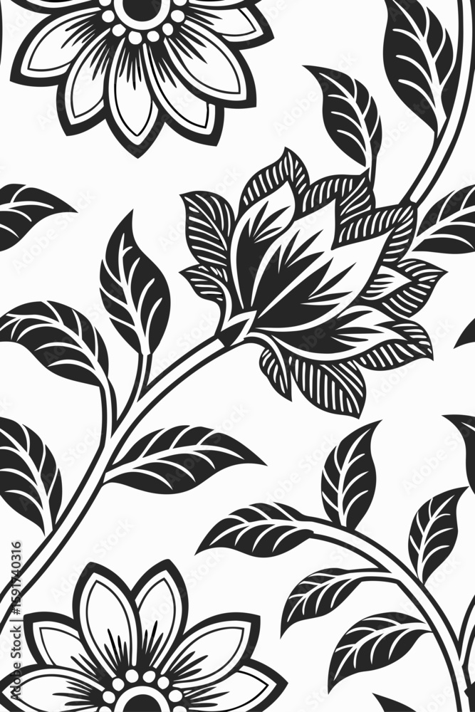 Fototapeta premium Black floral pattern on white background botanical