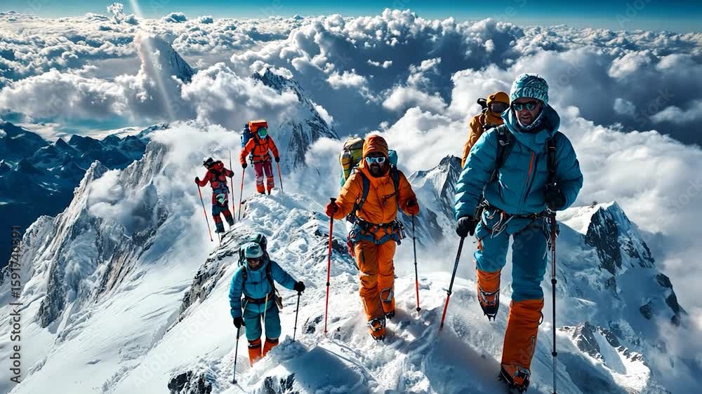 Mountain climbers ascend a snow-capped peak, breathtaking vista