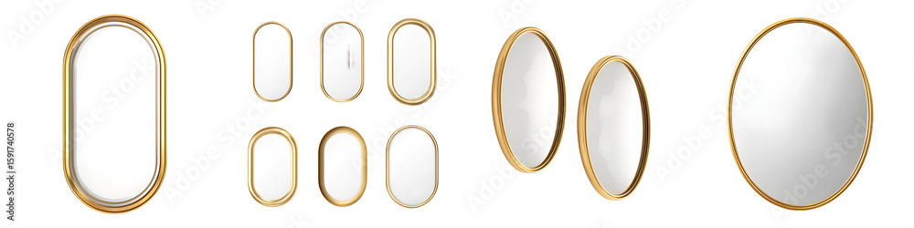 Set of Modern Gold Framed Mirrors on White Background Set of Modern Gold Framed Mirrors on White Background
