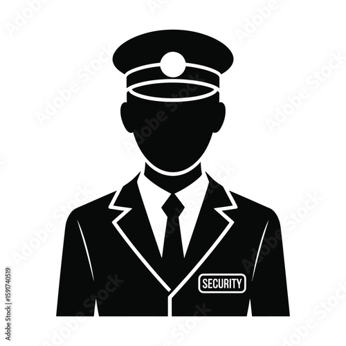 Black and White Security Guard Icon in Uniform with Cap and Badge Illustration

