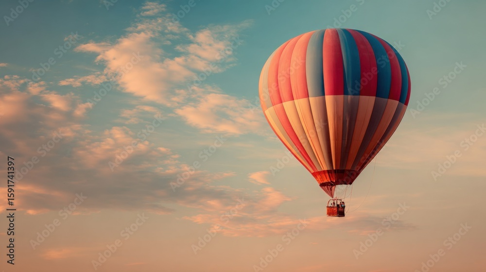Fototapeta premium Hot air balloon flying peacefully over open sky du sunset with colorful striped envelope and scenic background