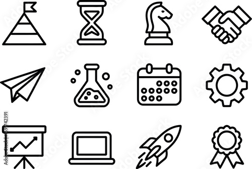 Collection of business and finance icons representing strategy success and growth