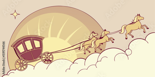 Dreamy fantasy scene with glowing golden horses pulling an ascending carriage symbolizes success, adventure, or a life-changing gift in dark pink white  background vector illustration.