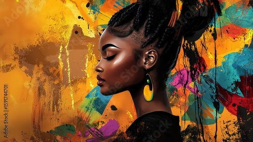 Artistic portrait of woman against colorful abstract background urban studio digital art vibrant environment side view cultural expression