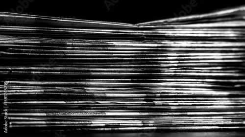 An artistic arrangement of stacked newspapers in monochrome tones.