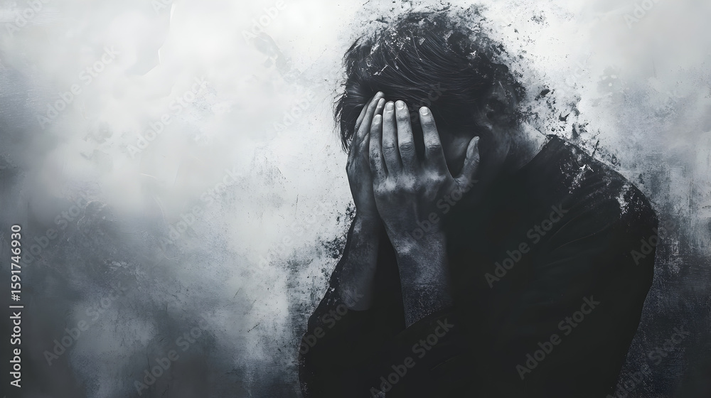 Fototapeta premium Man with head in hands in dark abstract textured background despair sadness