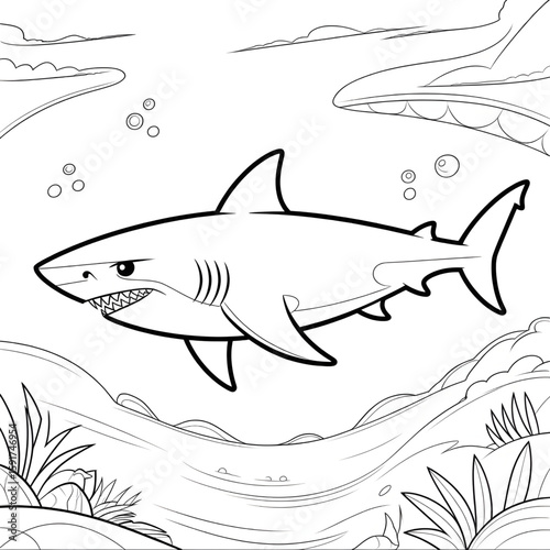 A black and white shark illustration vector style coloring page