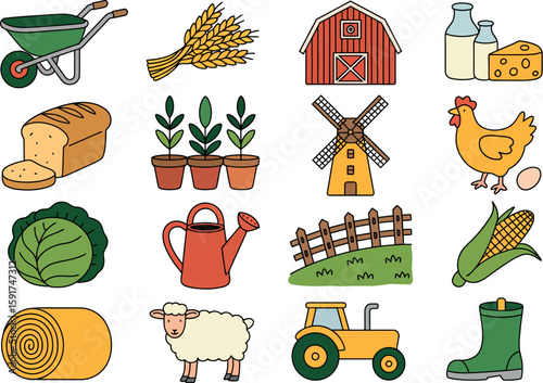 Collection of farm and agriculture icons representing harvest and rural life