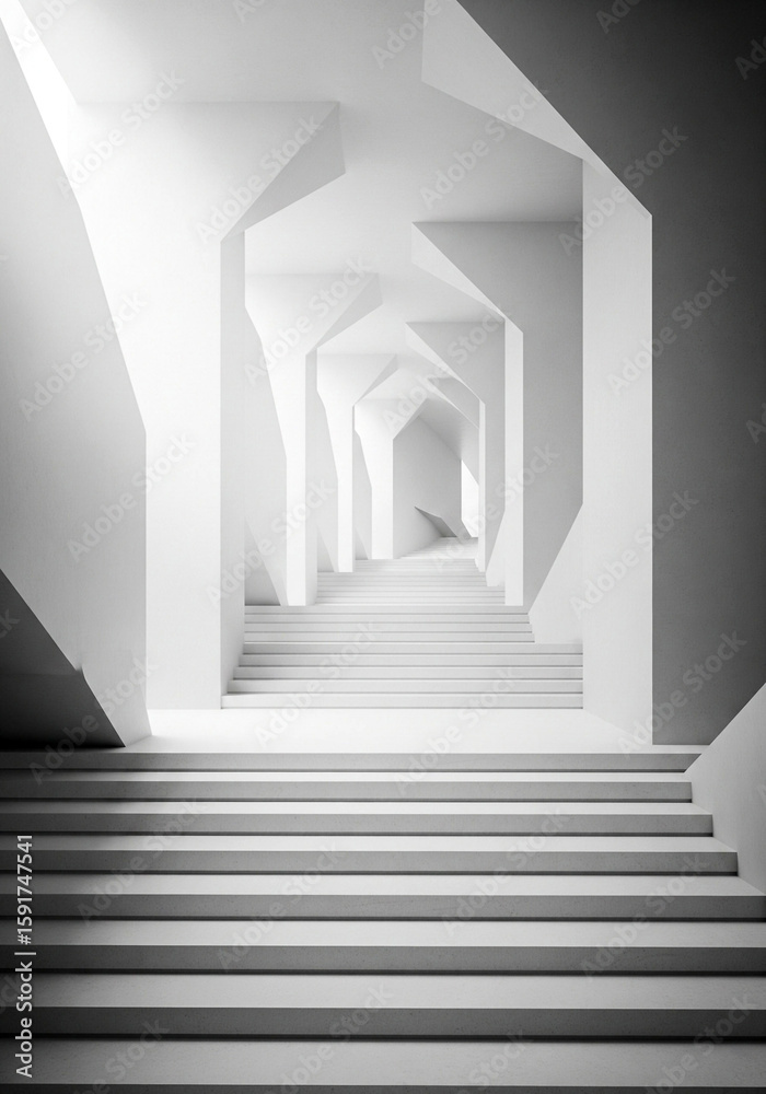Obraz premium Futuristic white hallway with geometric perspective for architecture magazine, tech branding or minimal interior design