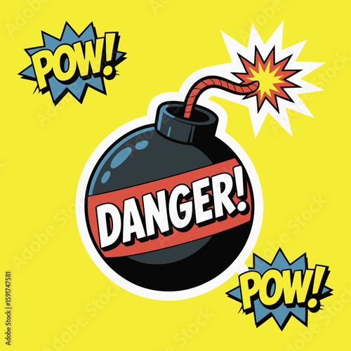 Black bomb with red danger label and pow comic book explosion bursts vector