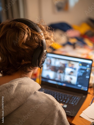 A Student Attends an Online Class Using a Laptop Computer and Headphones at Home