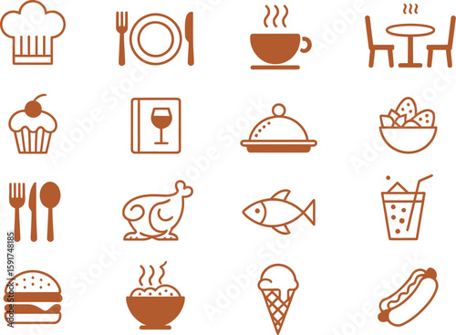 Collection of restaurant and food icons in a grid on a neutral background