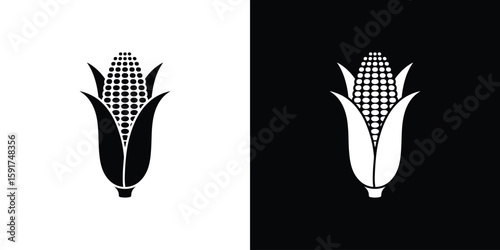 Black and white corn icon on split background, minimalist maize vector silhouette for agriculture or food design
