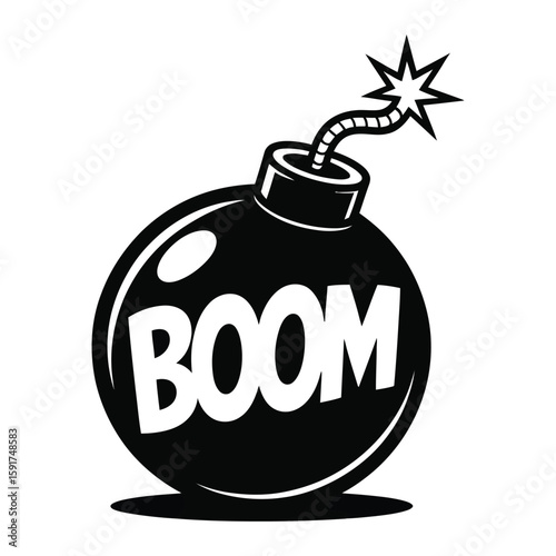 Black cartoon bomb with the word boom and a lit fuse explosion dynamite