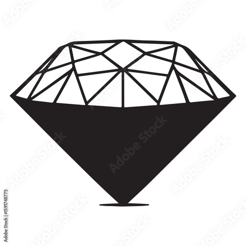 Black diamond silhouette with faceted top and pointed base on white jewel precious stone