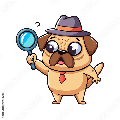 Funny Detective Dog Cartoon Character Holding Up A Large Magnifying Glass 