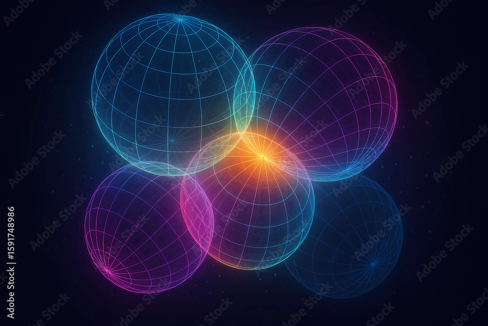 Obraz premium Intersecting Neon Spheres with Geometric Glow on Dark Background