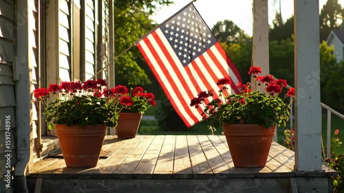 Porch with American flag and red geraniums