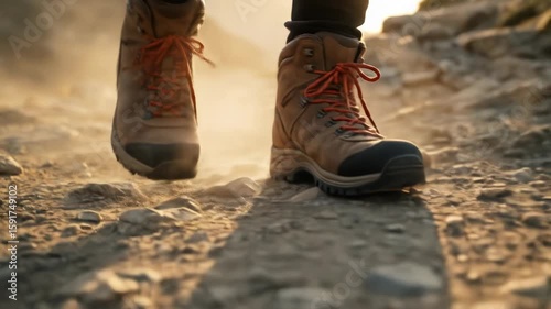 Hiking boots on a dusty trail, close-up view of a person's foot in hiking boots walking on a rocky path, kicking up dust