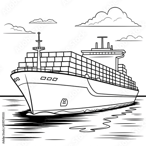 A black and white cargo ship illustration vector style coloring page 