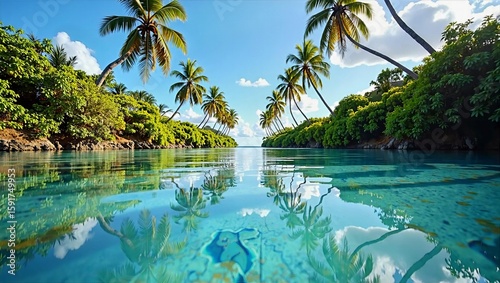 Turquoise River in Tropical Forest with Palm Trees and Reflections