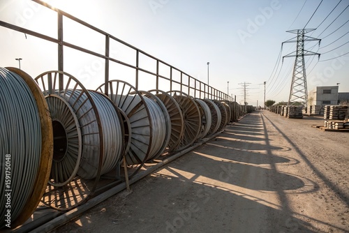 Rows of large wire coils in an industrial area during sunset, casting long shadows