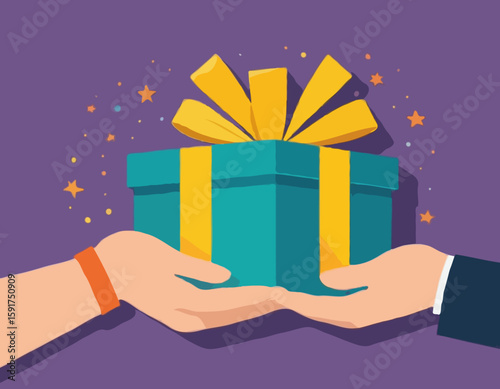 Gift reward program, bonus or surprise present for customer, employee reward or lucky prize, birthday gift box or festive incentive, special loyalty program concept, hand giving gift box with ribbon.