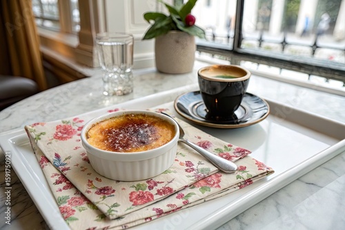 A beautifully presented crème brûlée and espresso on a floral napkin in a cozy café setting