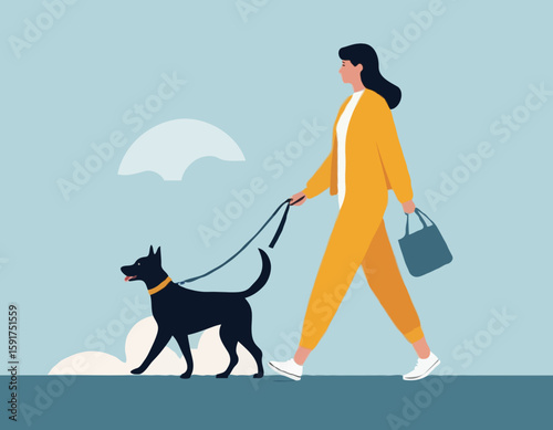 Woman is walking with a dog. Vector illustration in a flat style