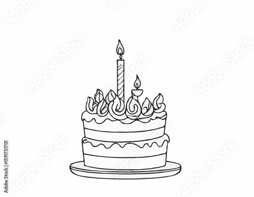 continuous single line drawing of birthday cake with candle on top, line art vector illustration