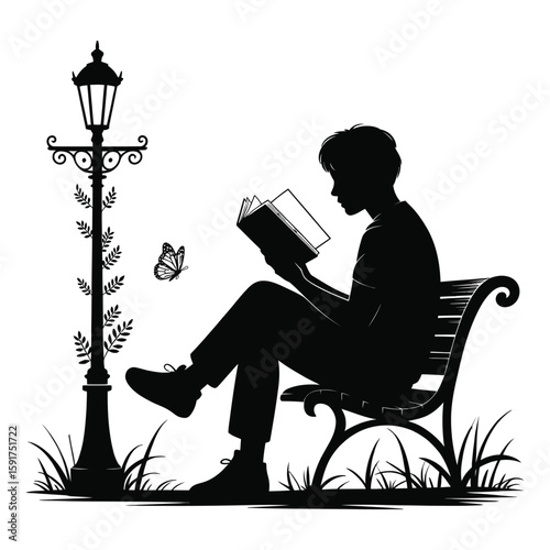 Silhouette of a person reading a book on a park bench next to a lamppost and butterfly vector