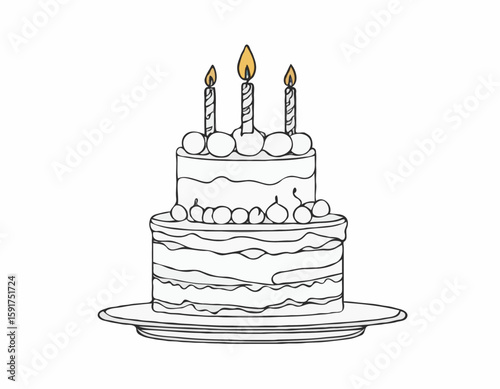 continuous single line drawing of birthday cake with candle on top, line art vector illustration