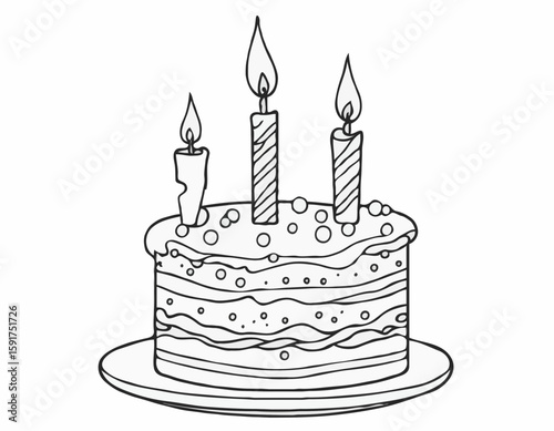 continuous single line drawing of birthday cake with candle on top, line art vector illustration
