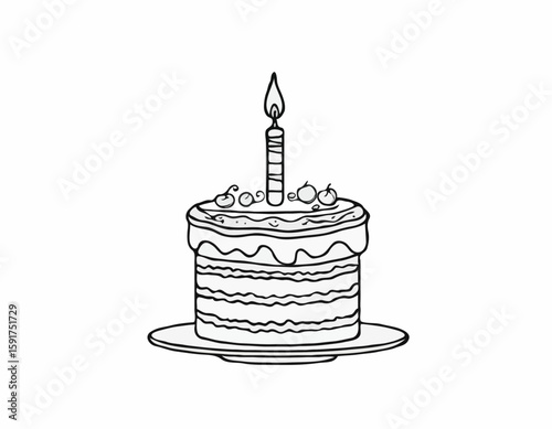 continuous single line drawing of birthday cake with candle on top, line art vector illustration