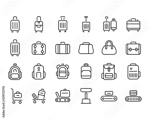 Travel Icons: Luggage, Baggage, Backpacks - Suitcase, Backpack, Briefcase, Purse - Adjustable Line Weight Vector Symbols for Airport & Train Station